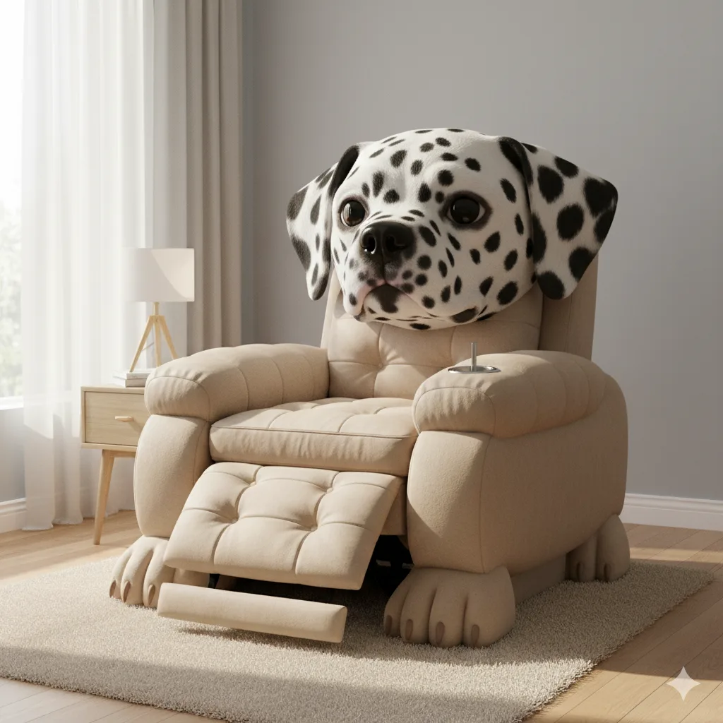 A large dog lounging comfortably on a giant dog recliner.