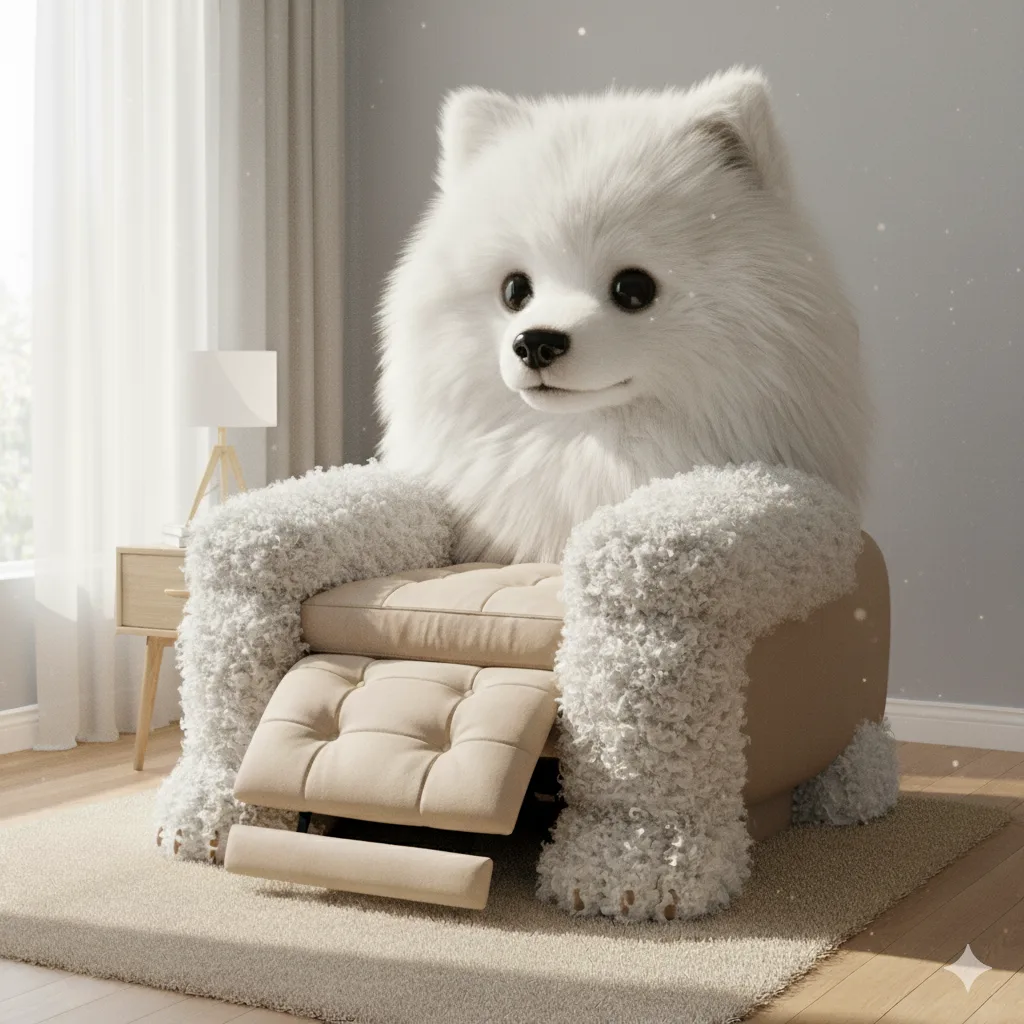 A stylish living room featuring a giant dog recliner as a central piece of furniture.