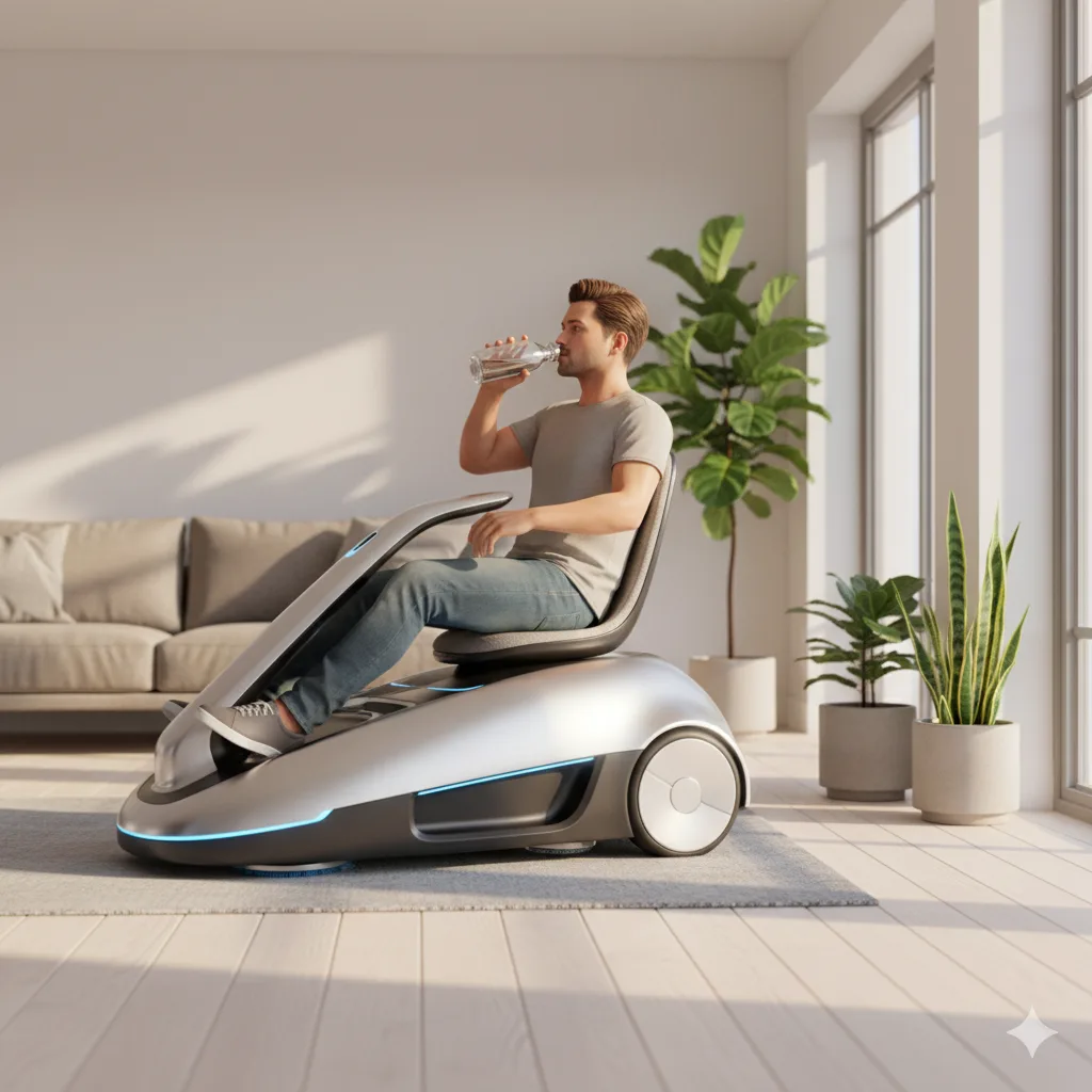 A person riding a large, industrial-style vacuum cleaner across a wide floor space.