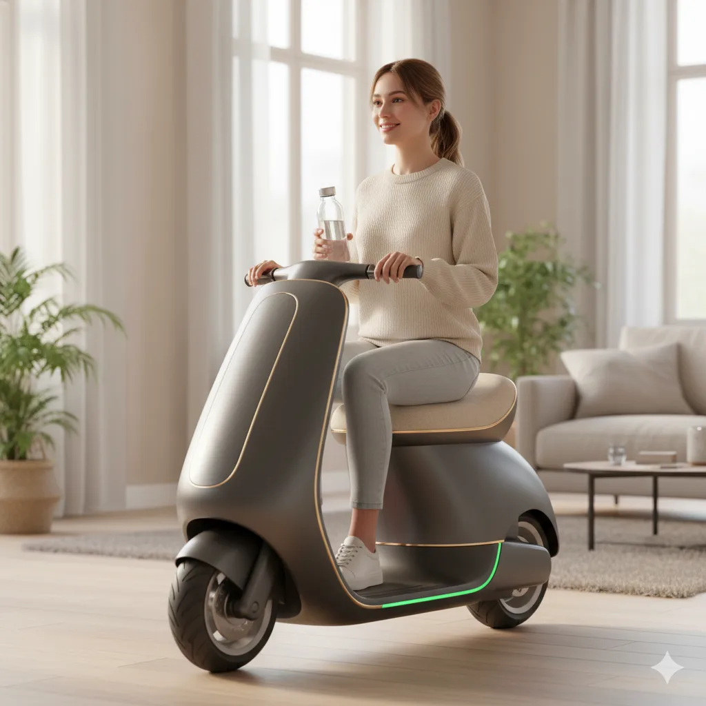 A person comfortably operating a riding vacuum cleaner in a large, modern home.