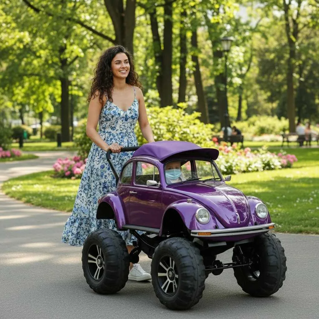 VW Beetle stroller with canopy extended